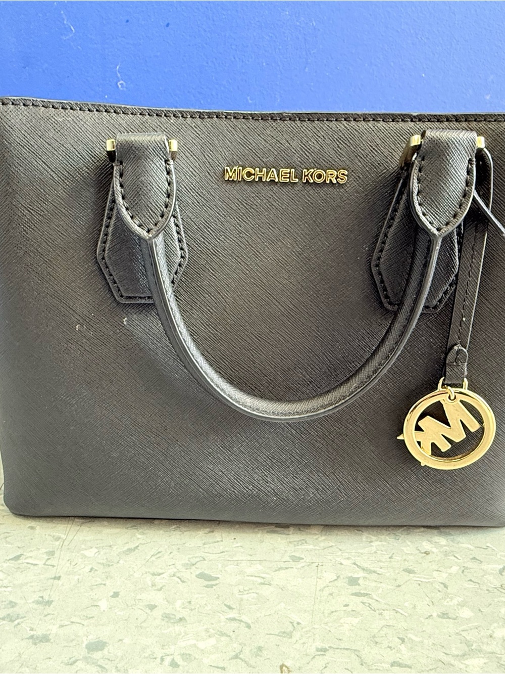 Michael Kors Black Saffiano Leather Satchel with Gold Logo Charm